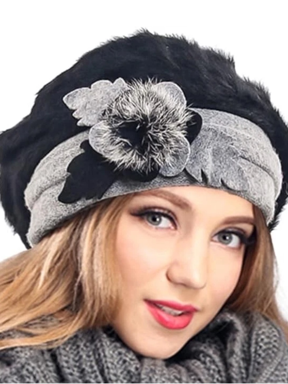 Grey and Black Angora Blend Ornate Appliqué Flower Beret Hat Plush Winter Cap OS